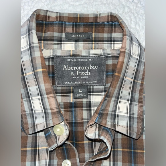 Abercrombie & Fitch Shirt Button Down Brown Blue Mens Large Muscle Fit - Picture 3 of 6